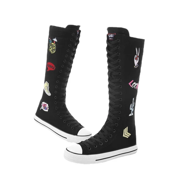Long Canvas Shoes Female Casual Skateboard Shoes Cartoon Applique Thigh-high Boots Ladies Large Size Shoes Tenis Feminino