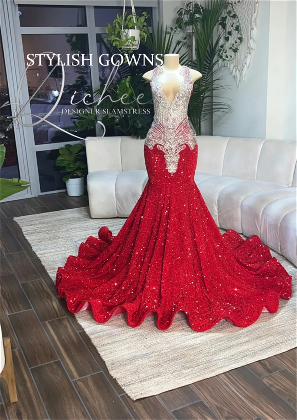 

Red Halter Long Prom Dress For Black Girls 2024 Beaded Crystal Rhinestone Birthday Party Dresses Sequined Evening Gowns Robe