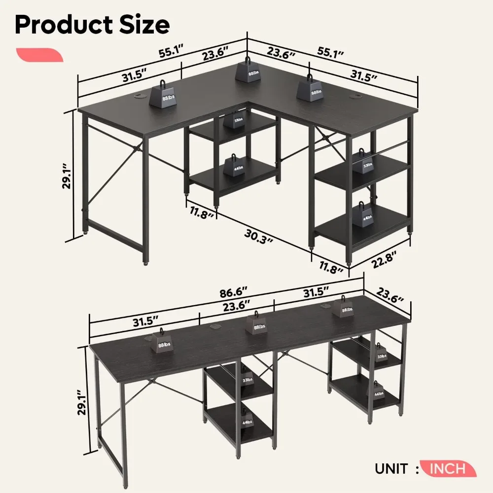 L Shaped Desk with Shelves 86 Inch Reversible for Home Office Gaming Writing Workstation with 3 Cable Holes.Corner Computer Desk 3