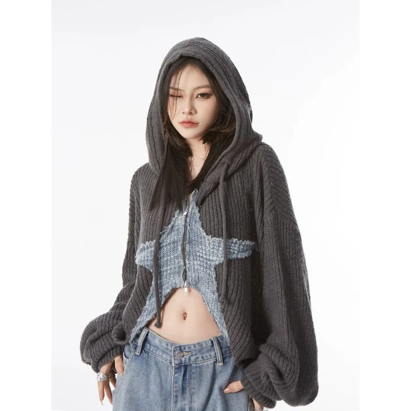 

Fashiongir Y2k Vintage Cropped Star Sweater Women Korean Style Grunge Knit Cardigan Kpop Zipper Knitwear Gyaru Streetwear Autumn