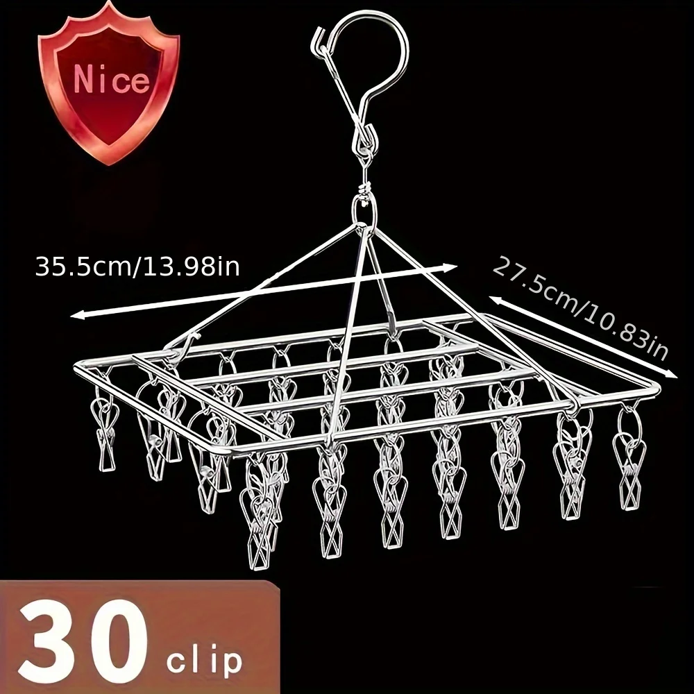 1pc Sock Drying Rack With 30 Hooks, Stainless Steel Rotatable Hanger, Windproof Drip Hanger, Foldable Sock Hanger 2