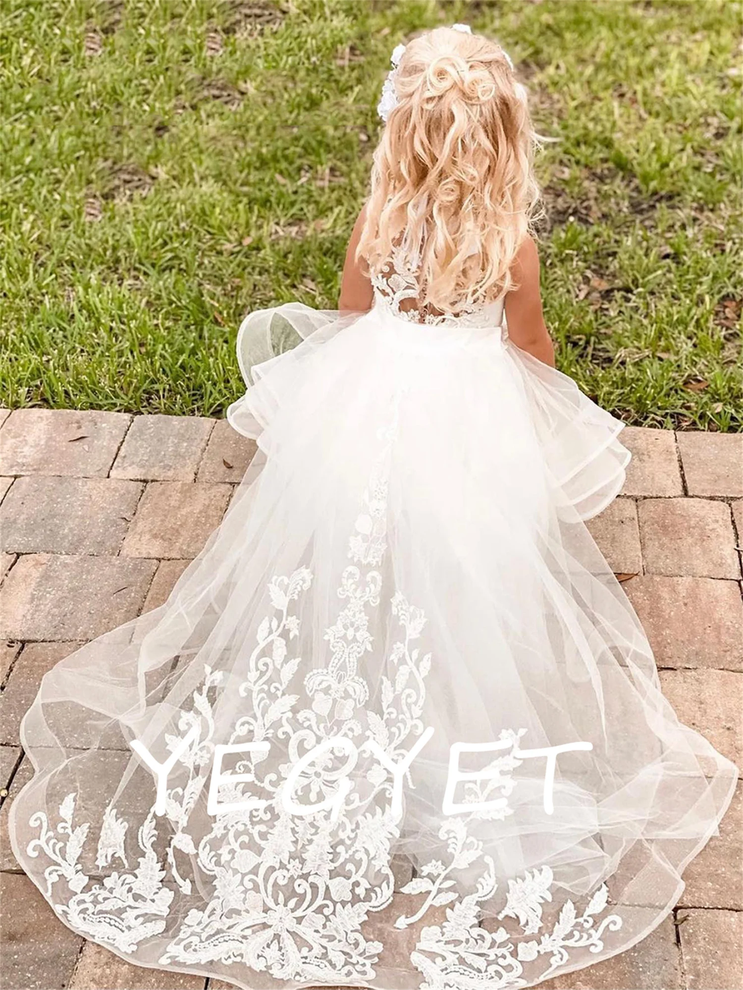 

Dreamgirl High To Low Flower Girl Dress O Neck Girl Dress Appliques Child Girl Dress Court Train First Gown Wedding Girl Dress