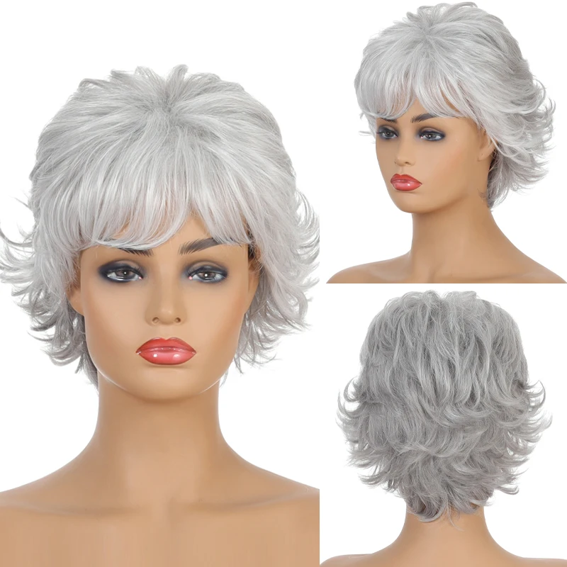 perruque synthétique courte et lisse pour femme faux aspect fibre de degré de gris argenté