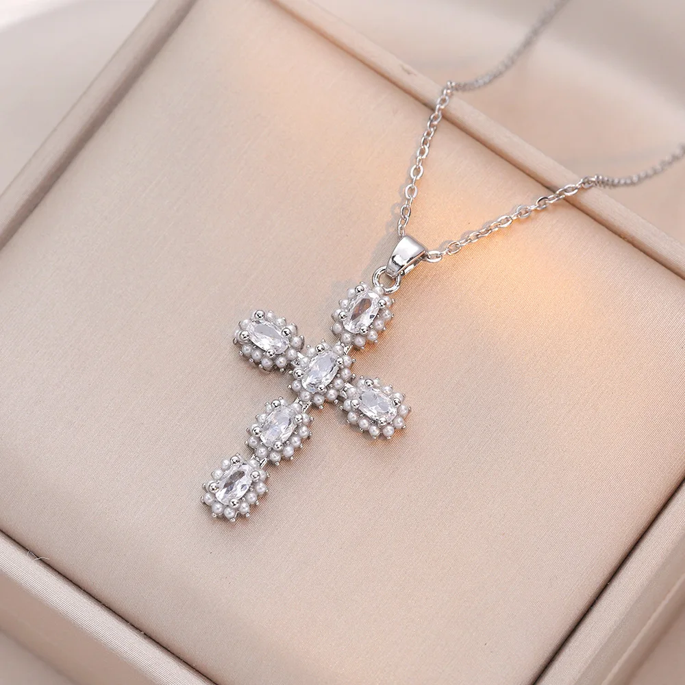 Fashion trend titanium steel zircon cross necklace for women
