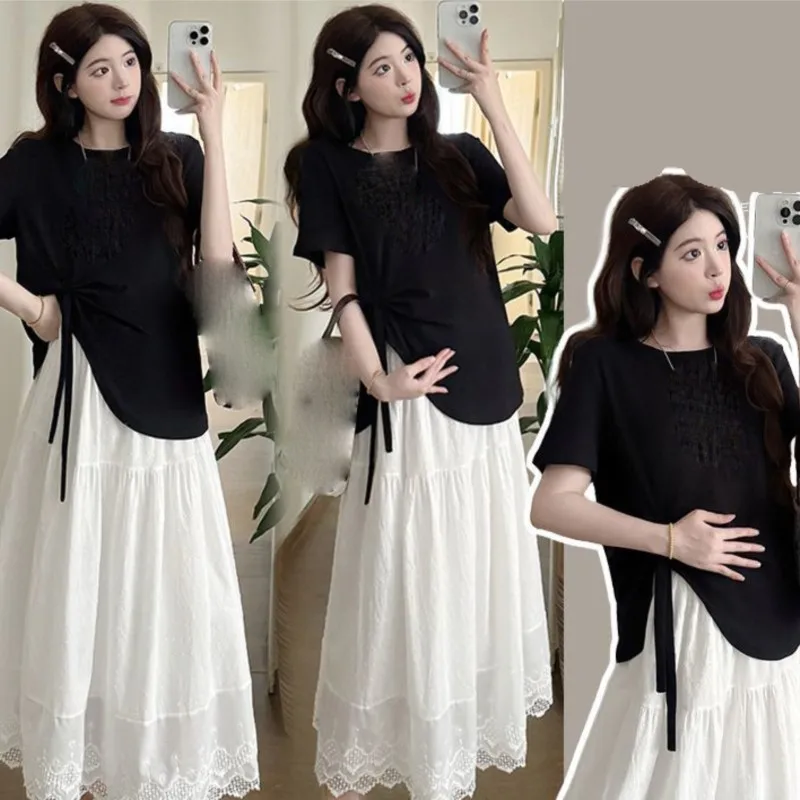 2026 임산부 여름 한국어 단색 출산 반팔 탑 레이스 드레스 2피스 세트 출산 의류 세트 LJ353