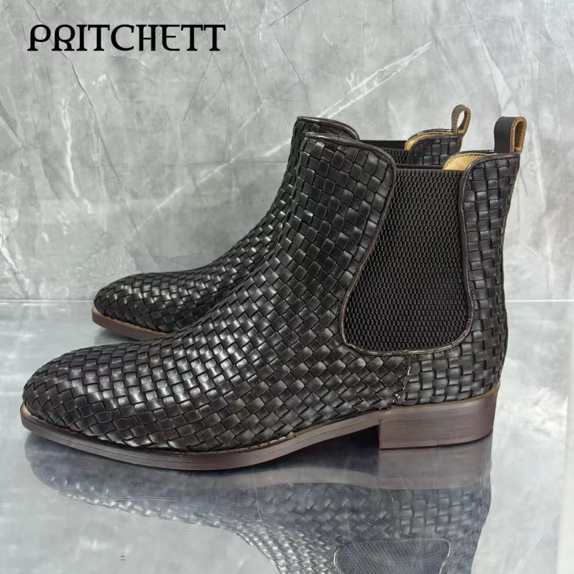 Black Braided Western Boots Round Toe Slip-On Elastic Personalized Ankle Boots Fashionable Large Size Men's Short Boots