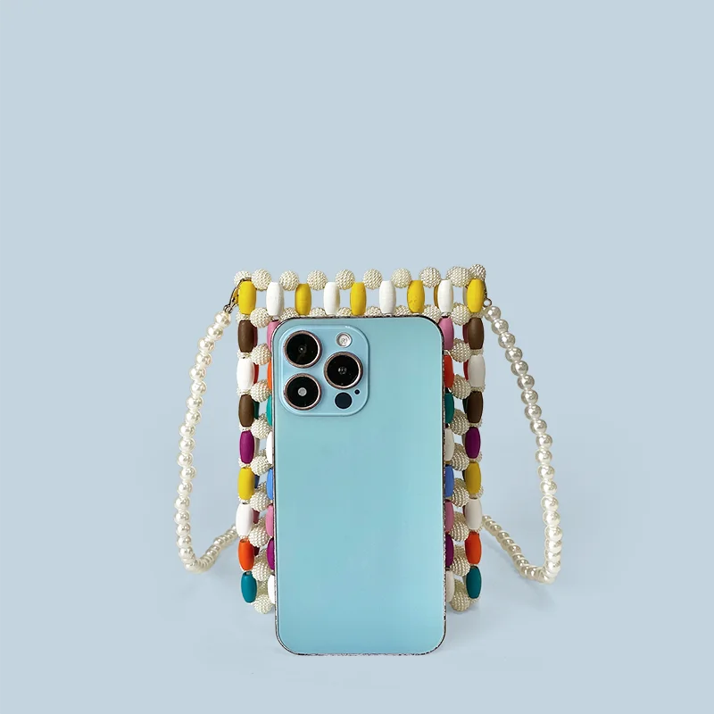 Colorful Wood Bead Splicing Mini Crossbody Phone Bag Vacation Style Leisure Handmade Bead Bag