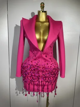 Catene di cristallo scintillanti Perle Mini abito a maniche lunghe 2025 Donne Compleanno Serata Festa Nightclub Outfit Cantante Costume da sposa