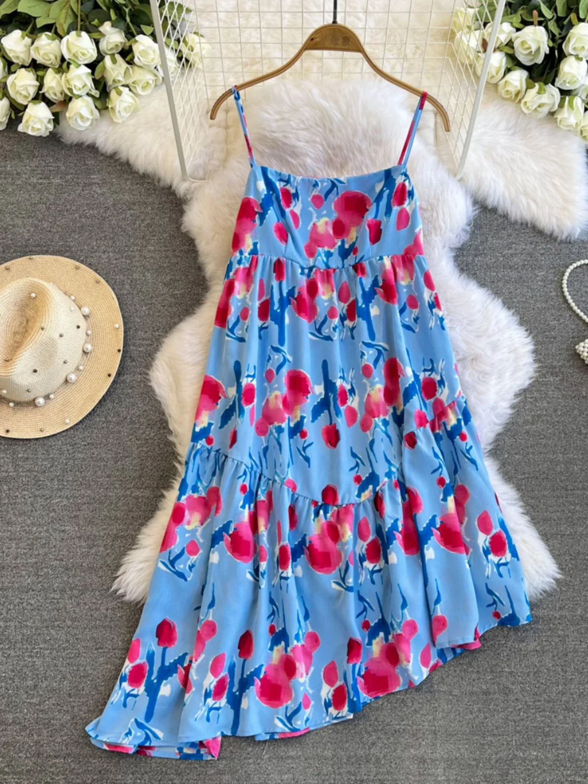 

Holiday Beach Vestidos Spaghetti Strap Printing Floral Dresses for Women 2024 Sleeveless Side Zipper Dress Summer Dropshipping
