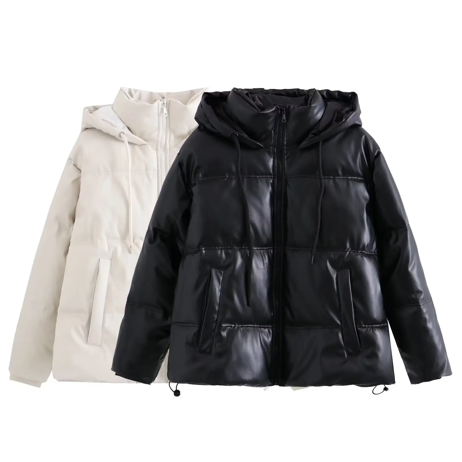 

Women 2024 Spring and Summer New Fashion Faux Leather Hooded Warm Jacket Chic Zipper Casual Pocket Top Outerwear Mujer
