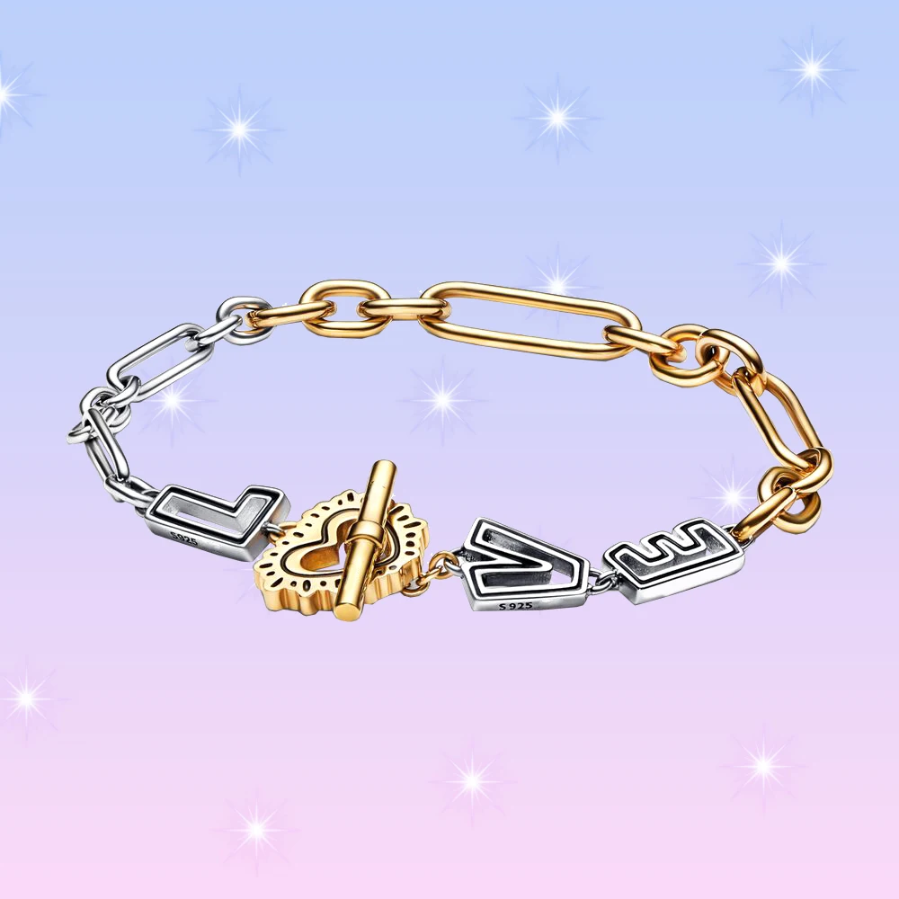 Pandora 925 Argento Joe Haring "Cuore Incandescente" T-Clasp Braccialetto Bicolore Personalità Gioielli Di Moda Per I Regali Delle Donne