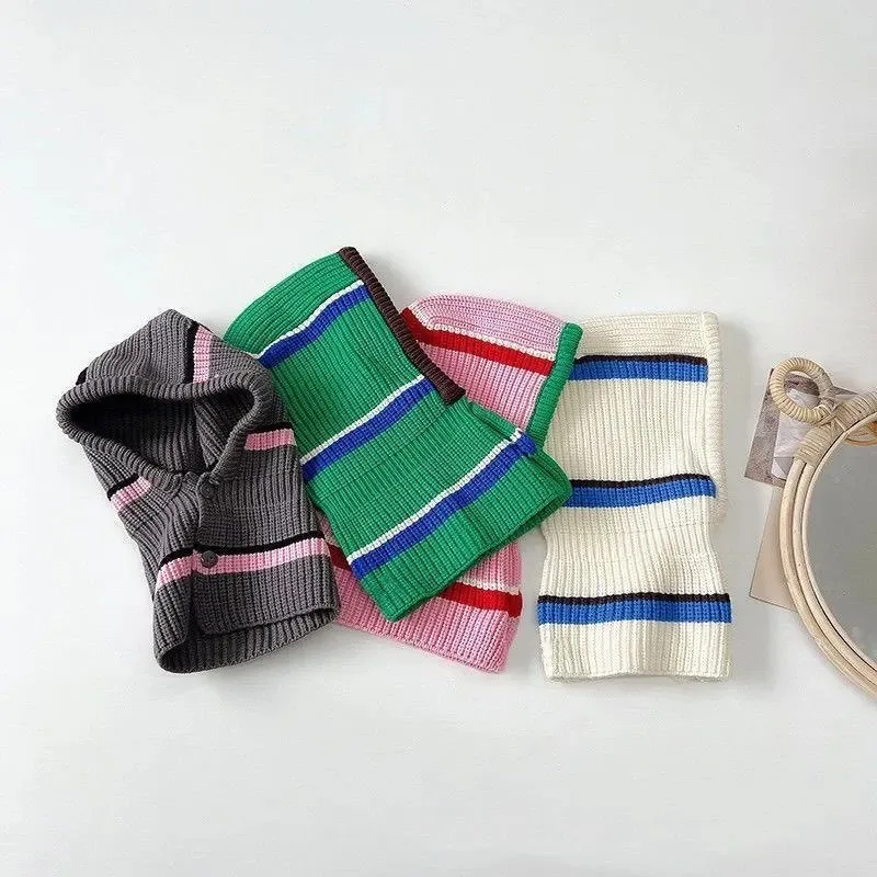 Winter Children's Knitted Hats Kids Striped Warm One-piece Scarf Wool Hat Kids Warm Ear Protection Hat Baby Winter Caps