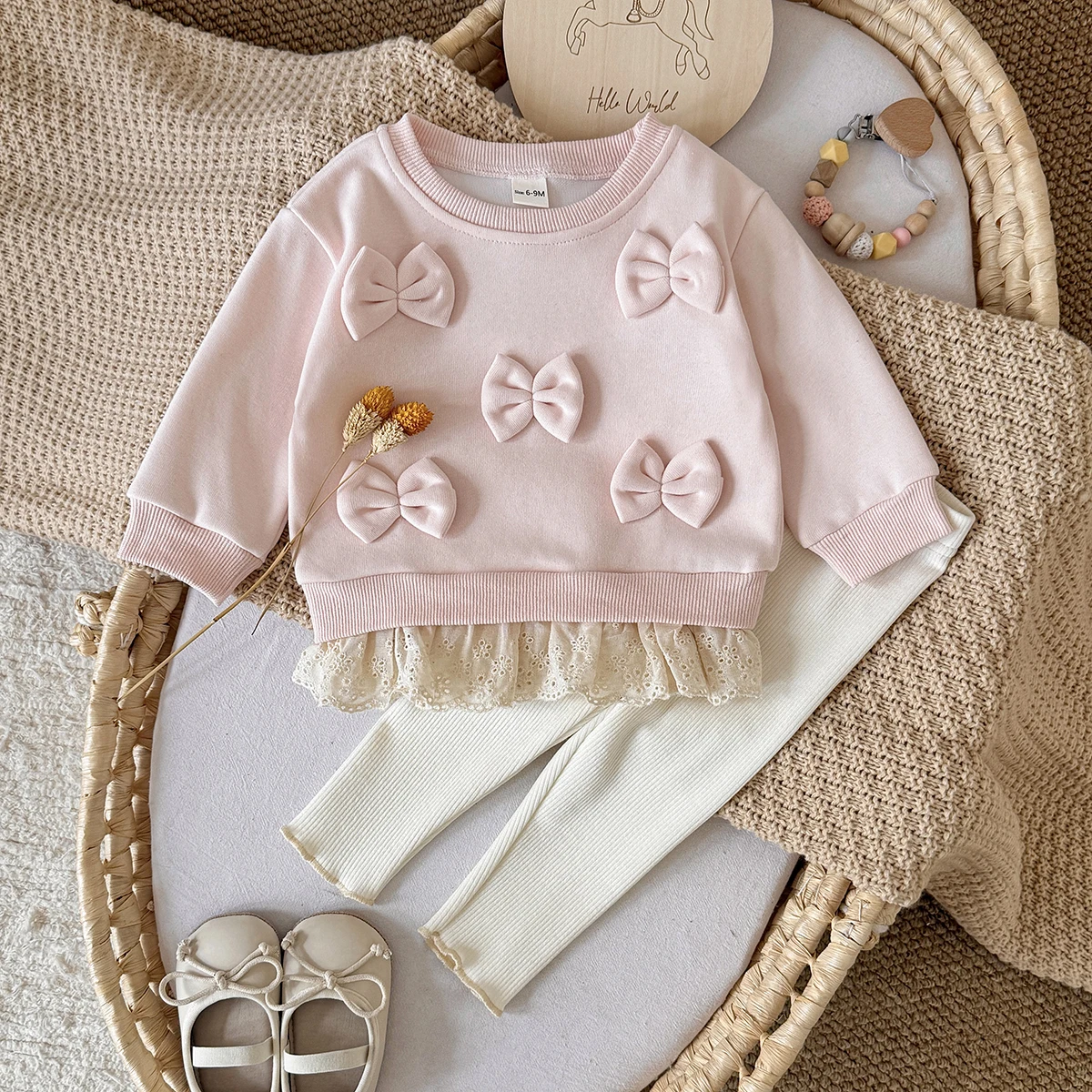  여아 의상 리본 장식 레이스 밑단 긴팔 스웨트셔츠 솔리드 슬림핏 바지 세트 봄 가을 옷   의류