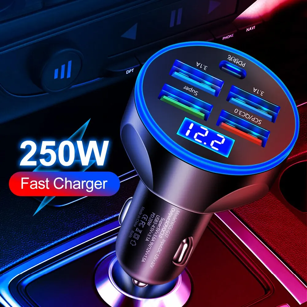 Car Charger 4usb PD 250W Type C Fast Charging For iPhone Samsung Huawei Xiaomi QC 3.0