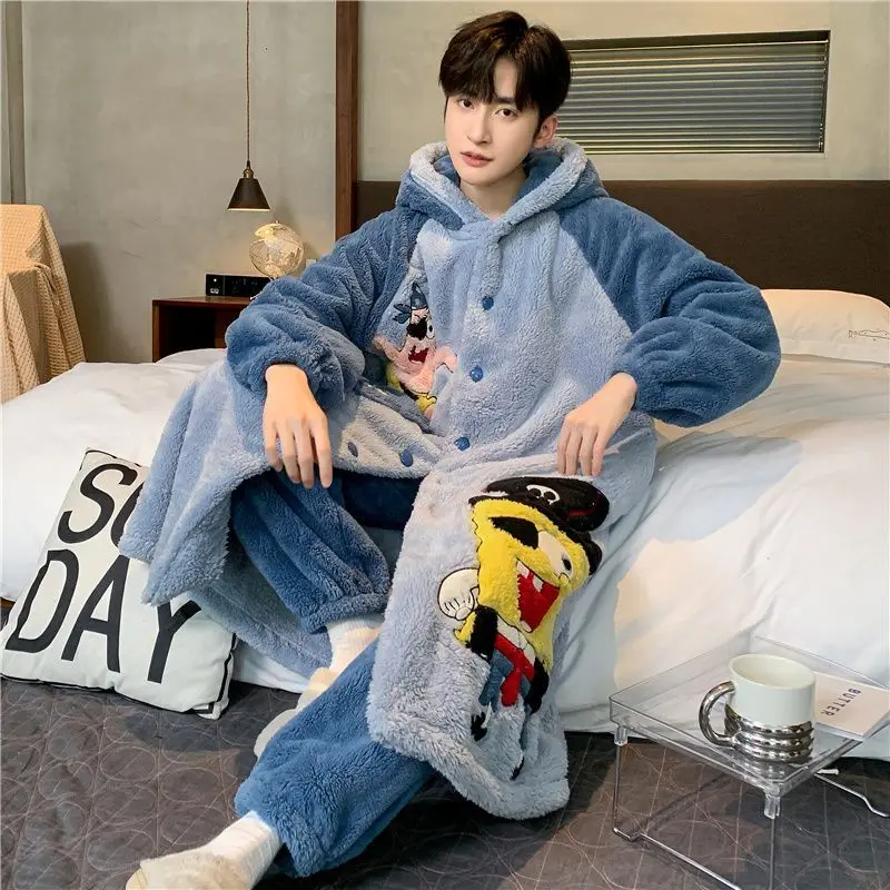 Autumn and Winter New Coral Plush Thickened and Warm Cartoon Loose Men's Home Clothing Set with Cold resistant Sleeping Robe
