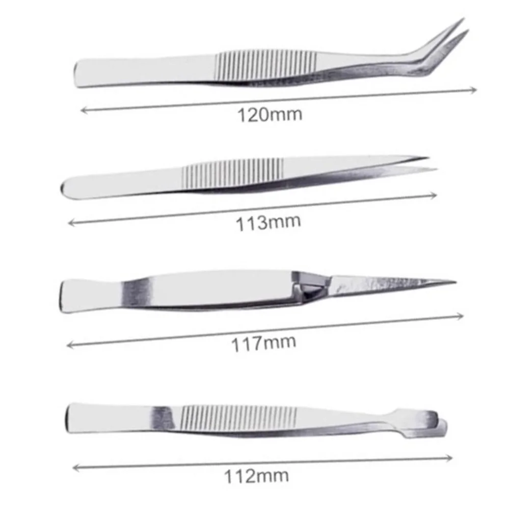4pcs Stainless Steel Tweezers Thickened Precision Industrial Tweezers Dressing Straight Bent Clip Repair Hand Tool