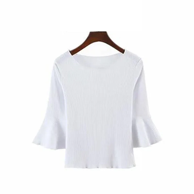 

Cotton Spring Round Neck Three-Quarter Bell-Sleeve Top Women'S Slim Short Mid-Sleeve Fungus Edge Knitted Bottoming Shirt
