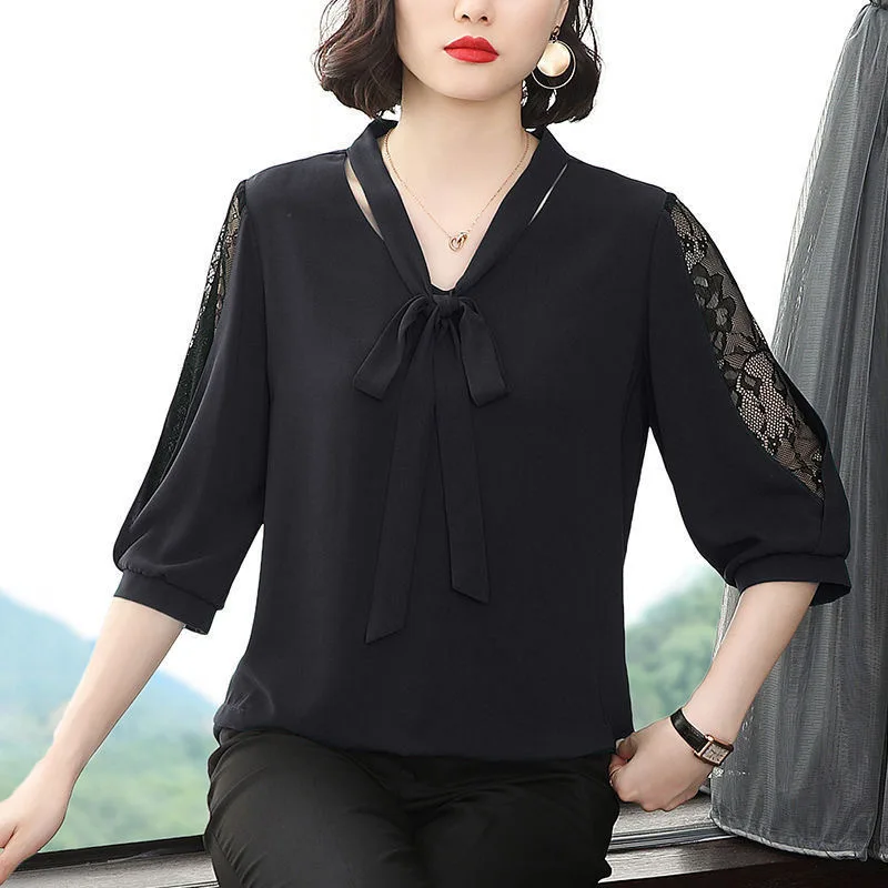 

A Lin Summer Fall Style Blouses Tops Lady Casual Bow Tie Colloar Half Lace Sleeve Loose Blusas M-6XL Fashion New Top Women Tees