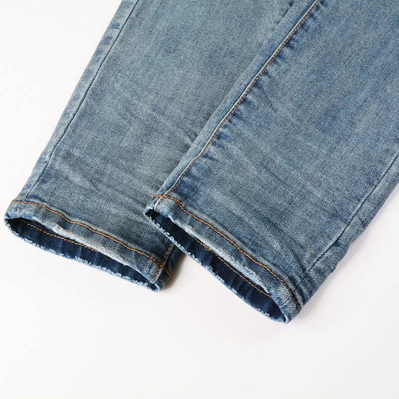 High Street Fashion Men Jeans Retro Blue Stretch Skinny Fit Ripped Jeans Men Leather Patched Designer Hip Hop Brand Pants Hombre