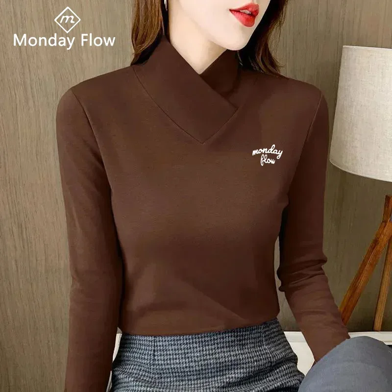 Mondayflow Spring Tennis Women's Long Sleeve T-shirt Plush Warm Elastic Bottom Shirts Half High Neck Fashion Golf Sports T-shirt