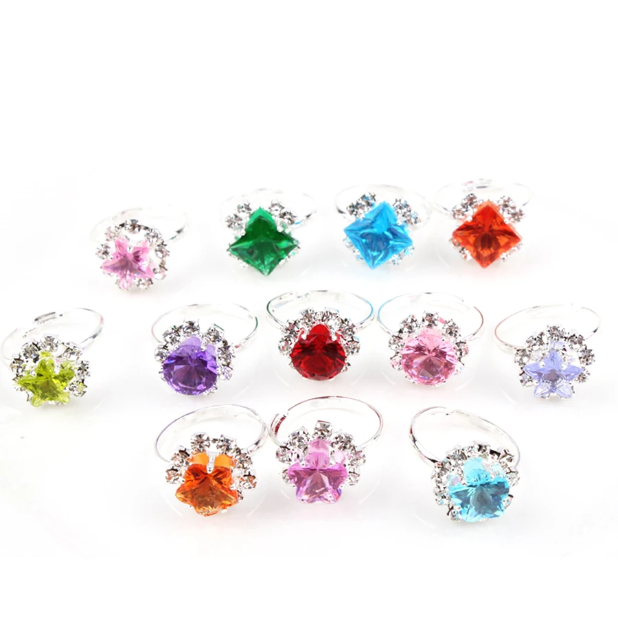 12pcs/Box Children Crystal Ring Toys Girl Dress up Jewelry Toys Style Random Ship Boxed Cartoon Decorative Ring Gift for Kids