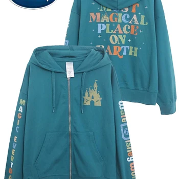 디즈니 월드 캐슬 맨투맨 주년 미키 마우스 레터 만화 프린트 커플, 지퍼 포켓 후드 점퍼 상의