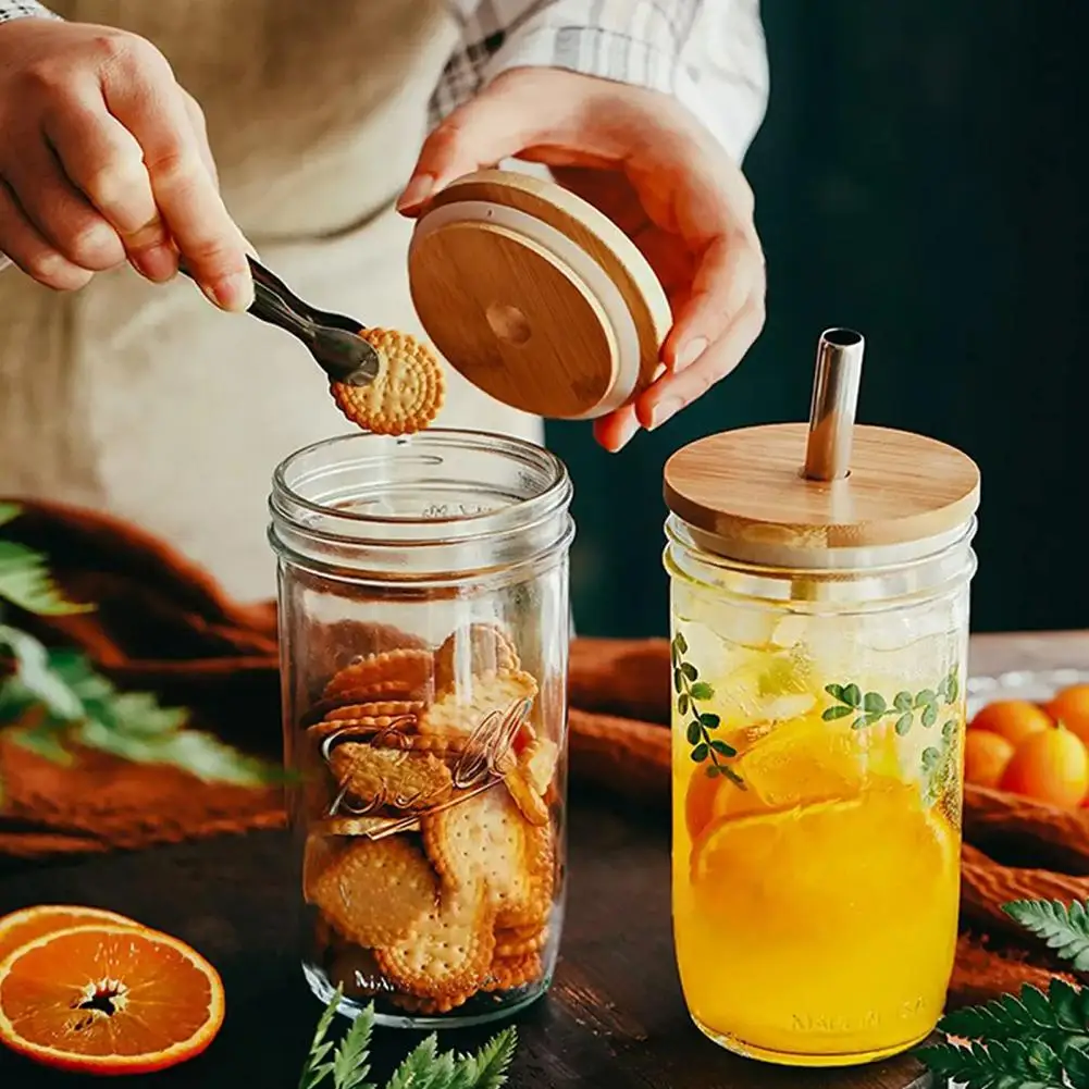 4 Pcs Bamboo Lid With Straw Hole Silicone Seal Lid 2.76inch Canning Lid Regular Mouth Jars Replacement For Beer Glasses Cup Tool