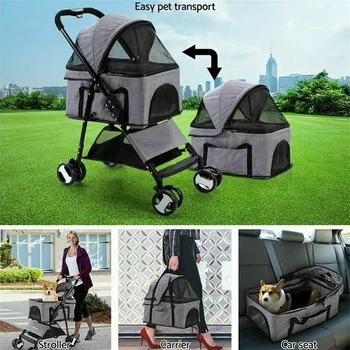 Pet Dog Stroller Foldable Travel Carrier Strolling Cart Cat Dog Pushchair Jogger Dog Pram Cat Buggy with 4 Wheels and Rain Cover 4