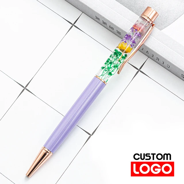 New Eternal Life Flower Oil Pen Metal Ballpoint Pen Lettering Engraved Name Advertising Pen Custom Logo Stationery Wholesale Light purple