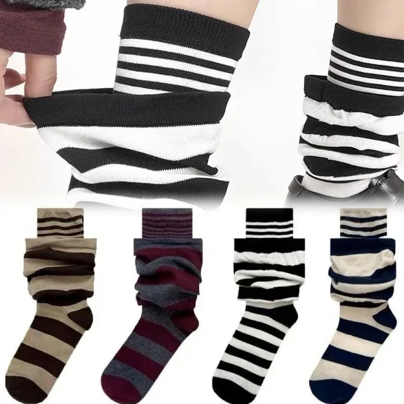 Cotton Knitted Women Socks Casual Striped Collision School Girls Women Korean Style Harajuku Double-layer Fashion Long Socks
