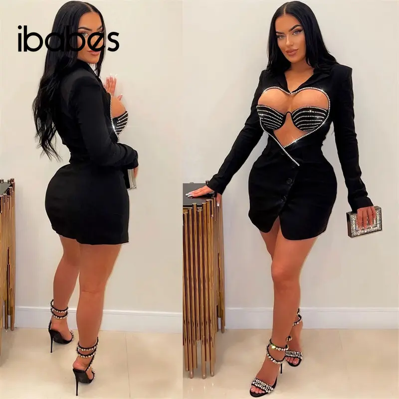

Diamonds Mini Blazer Dress Padded Underwire Bra Women Elegant Love Heart Cutout Sexy Long Sleeve Buttons Party Bodycon Outfits