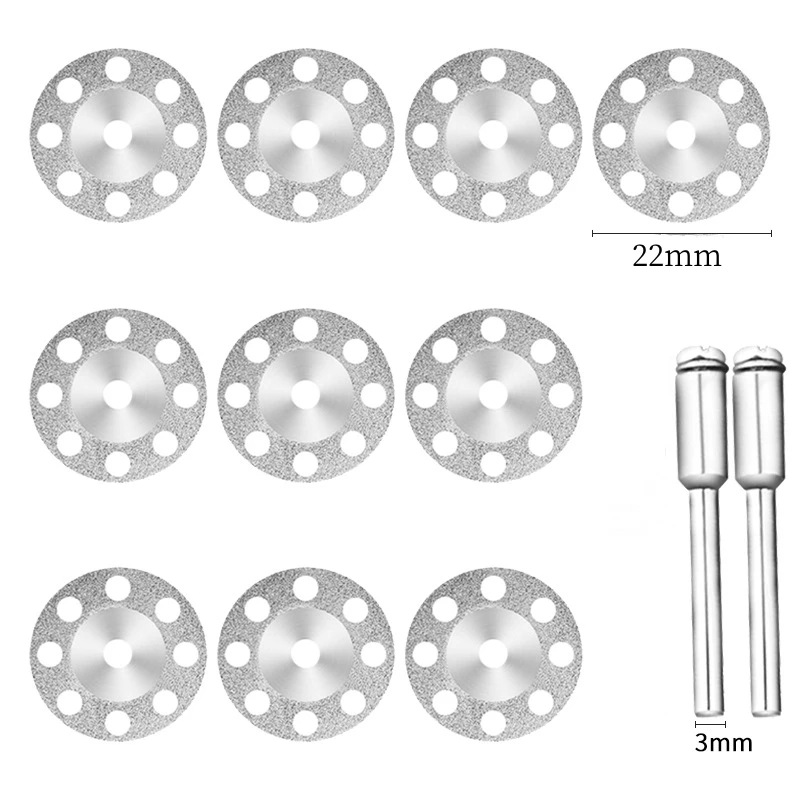 

10Pcs 22mm Mini Sharp Diamond Cut Off Rotary Tool Cutting Disc Disks DIY Tools Accessories For Dremel with 2Pcs rod