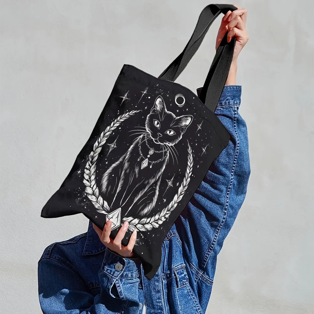 Sac à main cabas élégant chat noir et lune croissant nuit étoilée_voghion.com