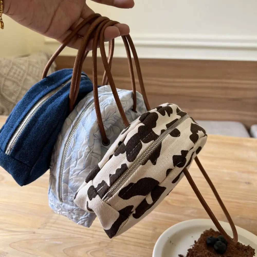 

Semicircle Shape Small Tote Bag Fashion Stripe Leather Rope Denim Handbag Portable Canvas Handbag Storage