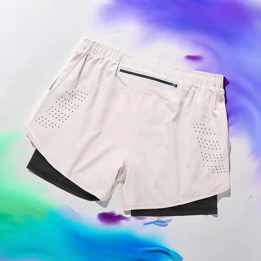 Men's Running Shorts Quick Dry Breathable Inner Lining Fake Two Layers Fitness Gym Three Quarter Length Pants Sportswear