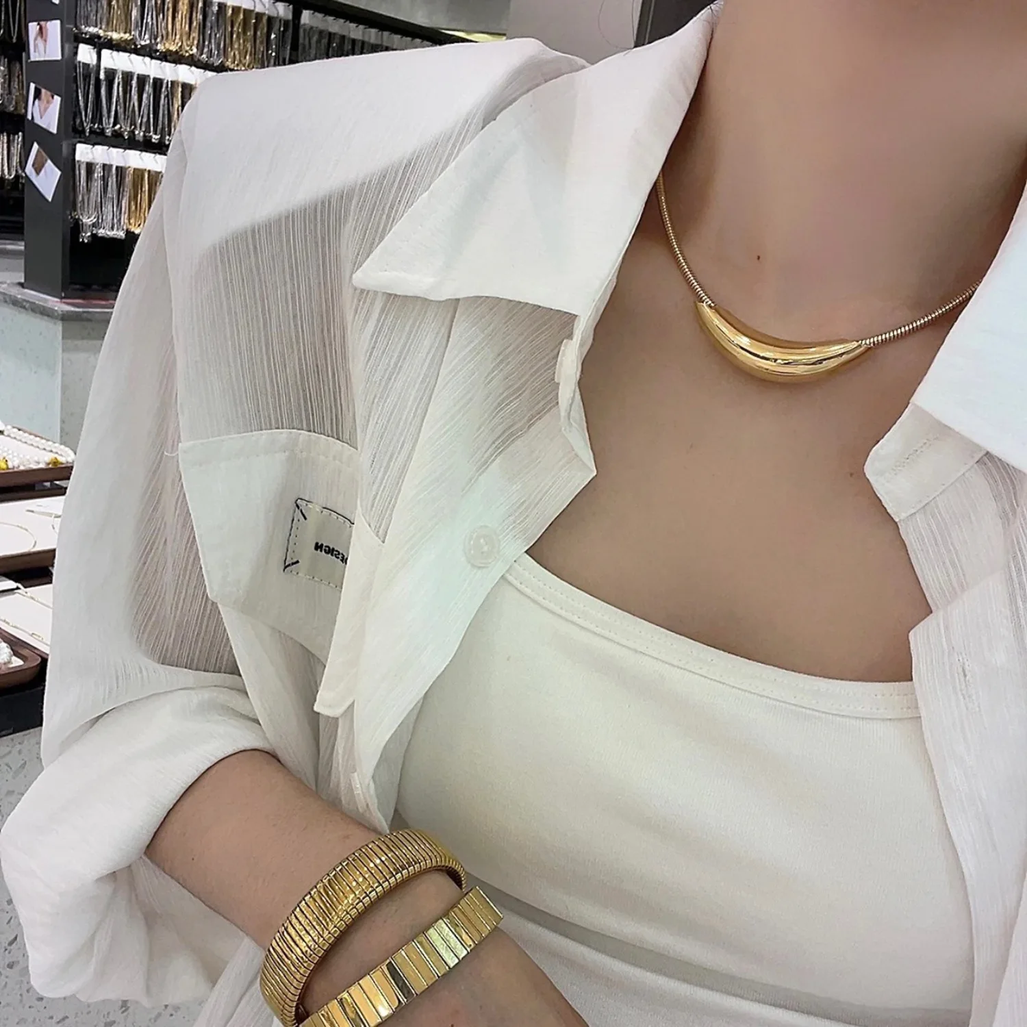 Flashbuy Stainless Steel Gold Color Necklace Snake Chain Metal Bend Tube Pendant Choker Necklace Clavicle Chain Collier Jewelry