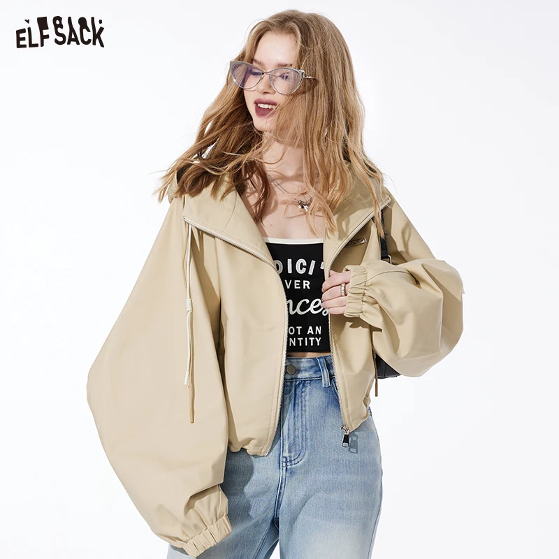

ELFSACK loose solid color latern sleeve cropped hooded coat for women 2024 spring new cotton versatile drawstring soft and venti