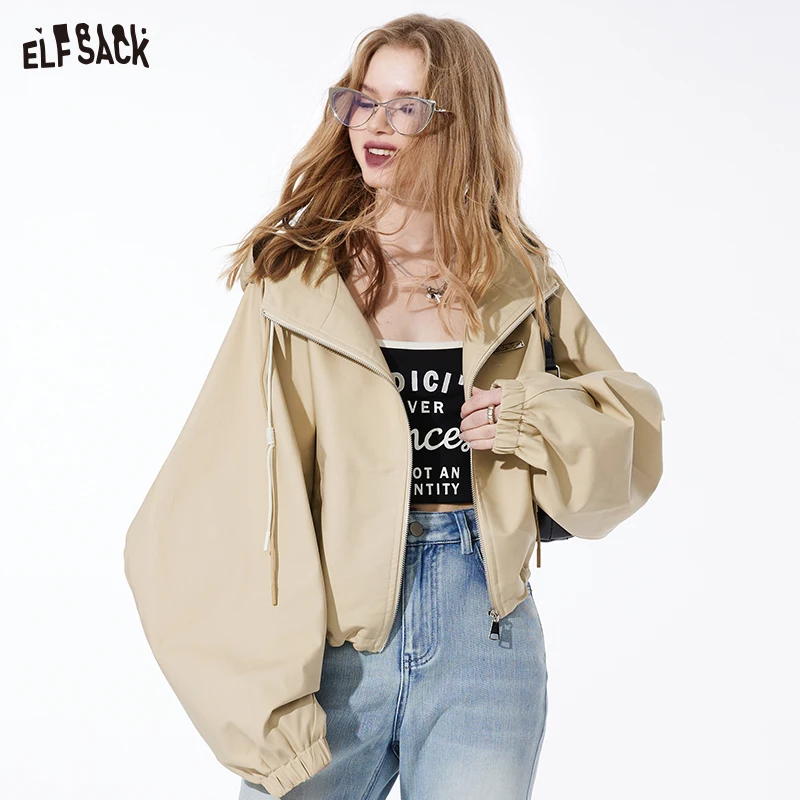 ELFSACK loose solid color latern sleeve cropped hooded coat for women 2024 spring new cotton versatile drawstring soft and venti