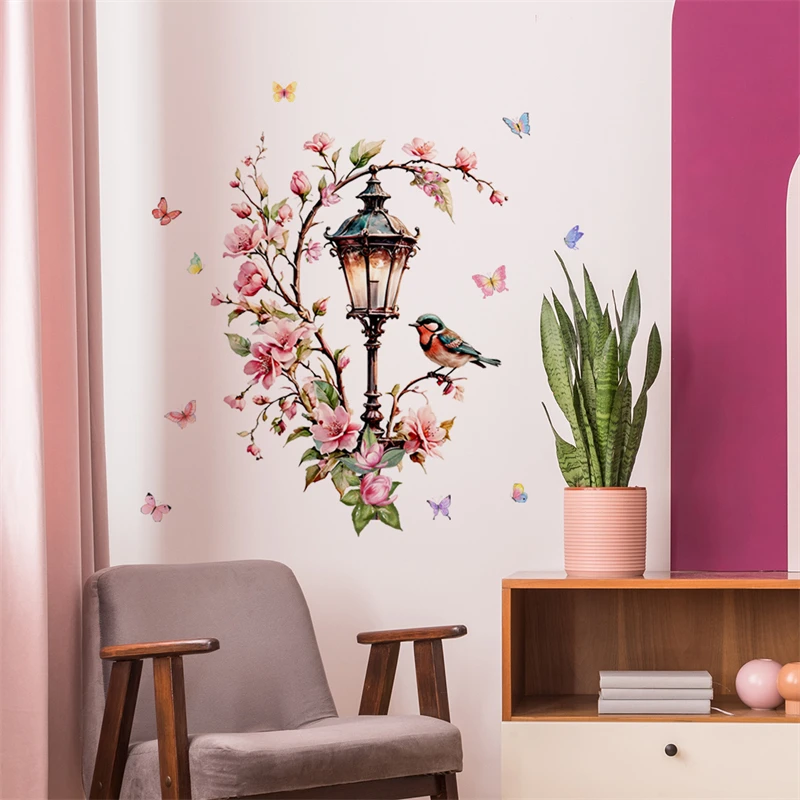 Pink Flower Street Lights Bird Wall Stickers For Bedroom Living Room Decoration Porch Home Background Beautify Decor Art Decal wall stickers wall sticker