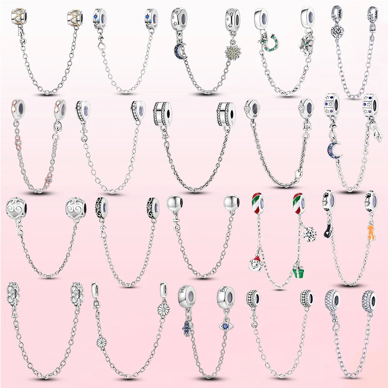 

925 Sterling Silver Star & Moon Sunflower Safety Chain Fixing Clip Charms Bead Suitable For Original Pandora DIY Bracelet