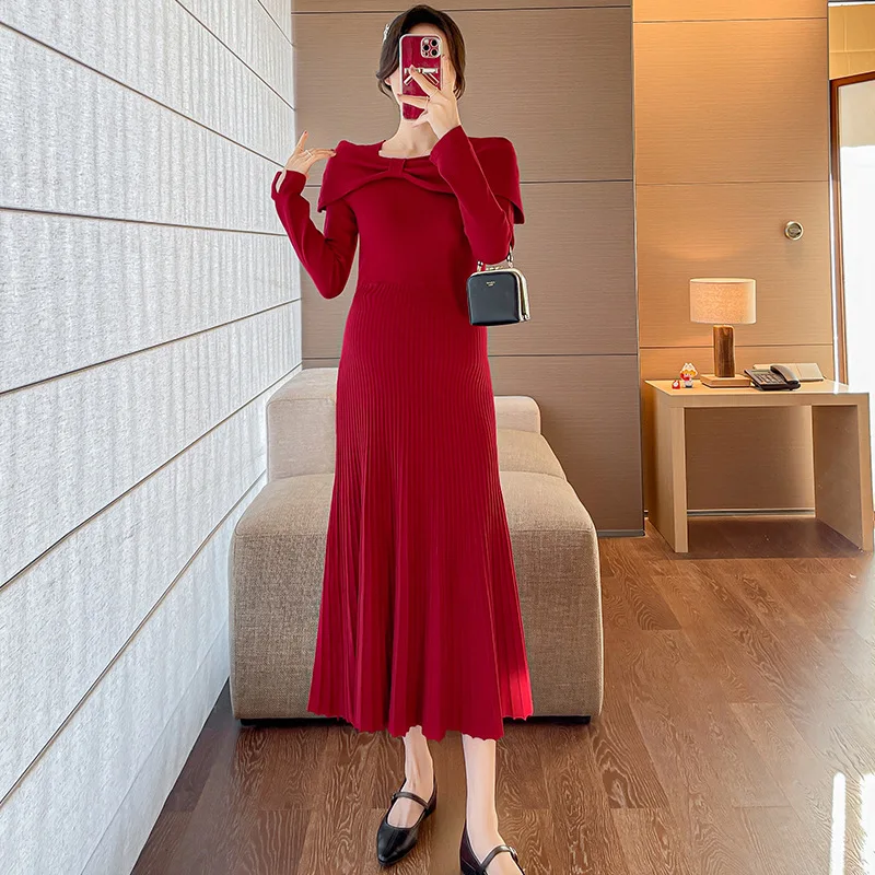 

Maternity Dress Autumn Winter Clothes For Pregnant Women Solid Big Bow Loose Slim Knit Pleated Dress Pregnancy Sweater Dresses