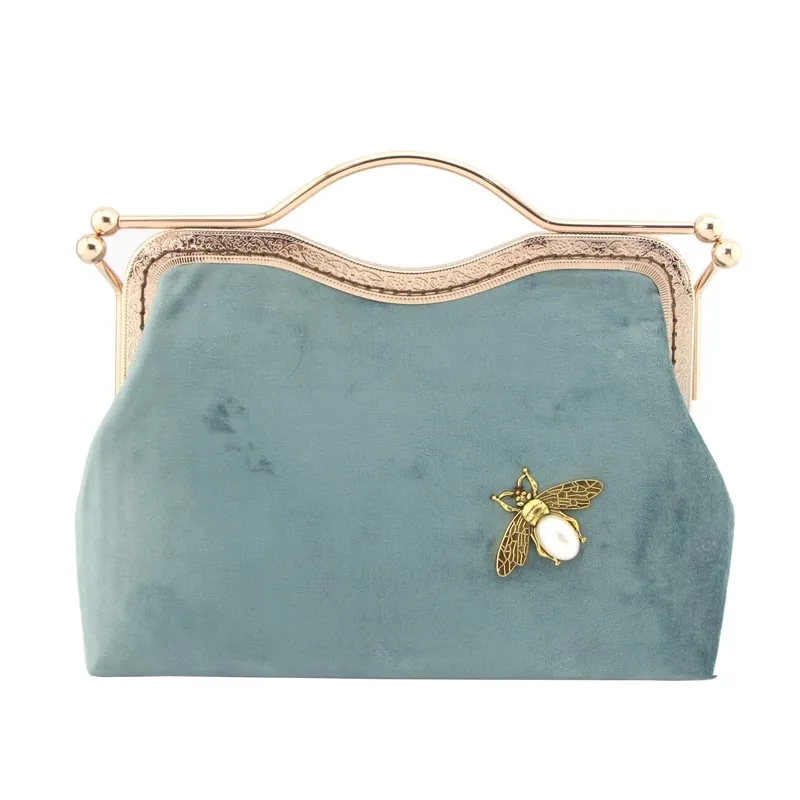 Lost in Vinatge Aqua Velvet Clasp Clutch Beset with Bee Jewelry