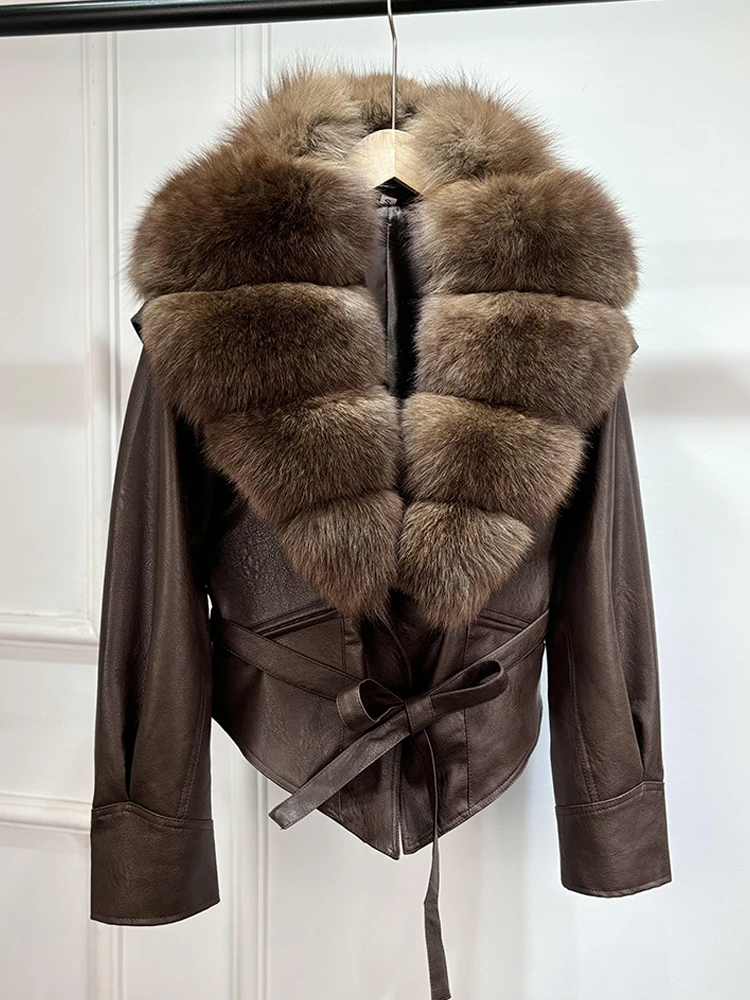 Janveny Huge Big Natural Fox Fur 2025 New Autumen Winter Pu Faux Leather Jacket Women Casual Female Lapel Zipper Motorcycle Coat