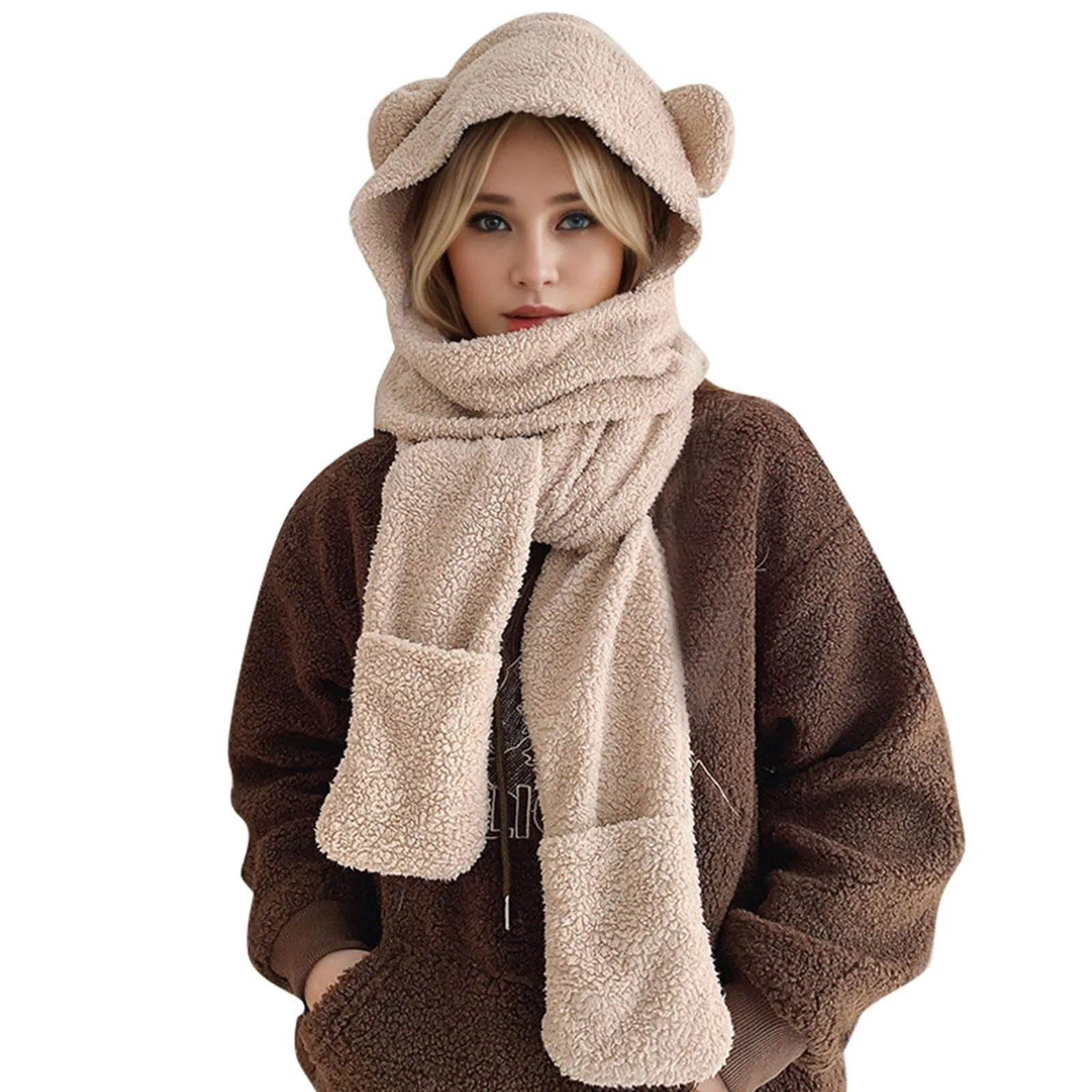 Gorro con orejas de oso para mujer, bufanda, gorro de invierno 2023, cálido, informal, de felpa, con capucha, forro polar peludo para niña_voghion.com