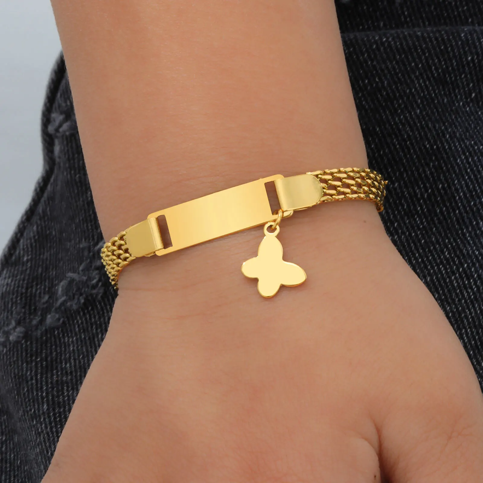 Kostenlose Gravur Edelstahl benutzerdefinierte Armbänder Name Datum Gold Farbe Herz Schmetterling Form für Baby Kind Geburtstagsgeschenk – Detail 12