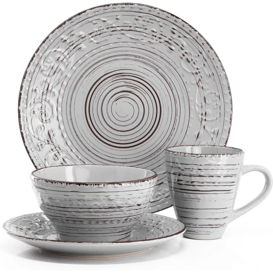 Malibu Calcite 16Piece Stoneware Embossed Pattern Reactive Glaze Light Gray Dinnerware Set for Home Dining Tables Elegant Serve 2