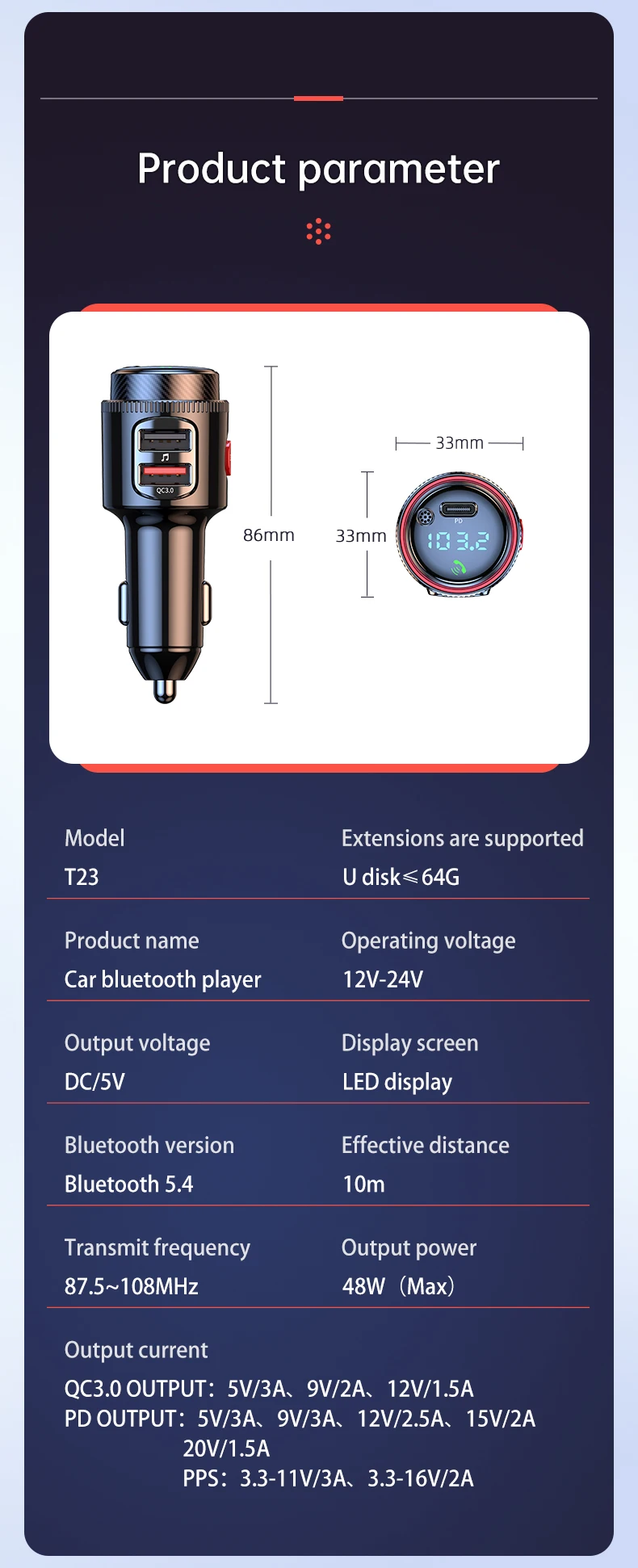 Bluetooth 5.4 Car Adapter Wireless AUX FM Transmitter USB C&QC3.0 PD 30W Fast C