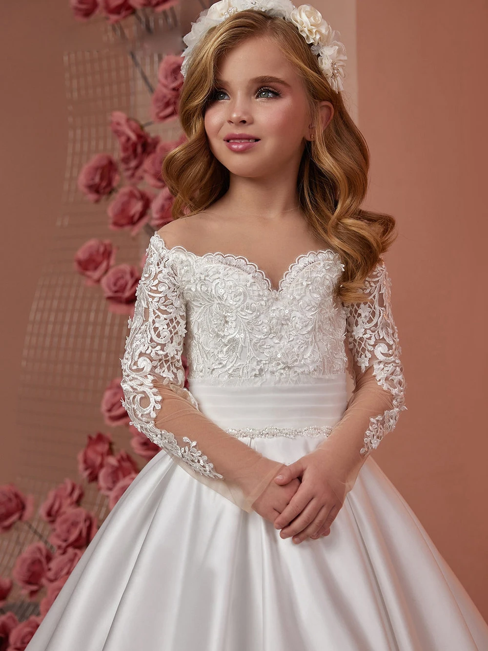 White Lace Satin Flower Girl Dresses Applique Off Shoulder Puffy Elegant Kids Wedding Party Dress Birthday Evening Ball Gown