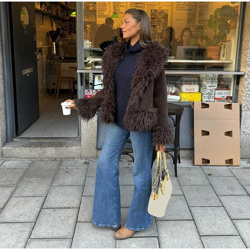 Plüsch Faux Pelze frauen Mäntel Elegante Pelz Revers Volle Hülse Verdicken Mantel Weibliche 2025, Herbst Winter Mode Warme dame Streetwear – Detail 7