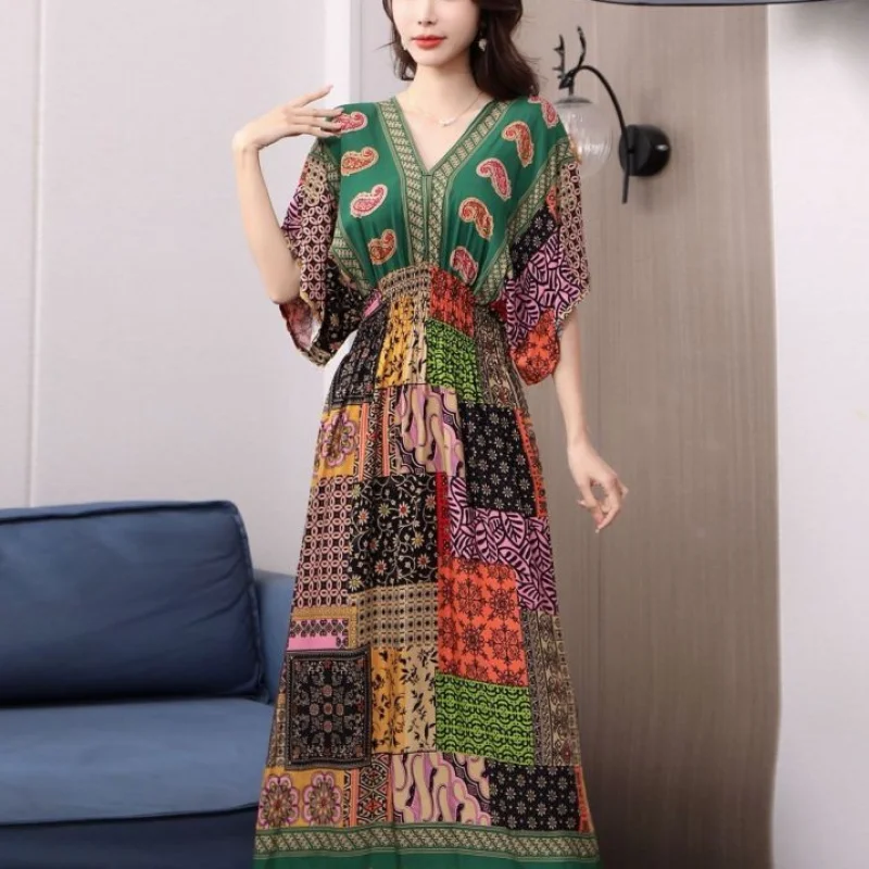 

2024 Women's New Summer Vintage V-Neck Printed Spliced Elegant Slim Appear Thin Three Quarter Bohemian Cotton Silk Long Dress